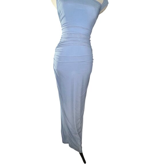 Lulus Amazing Presence Slate Blue Mesh Ruched Column Maxi Dress Sz XS Womens Blu - Picture 10 of 16